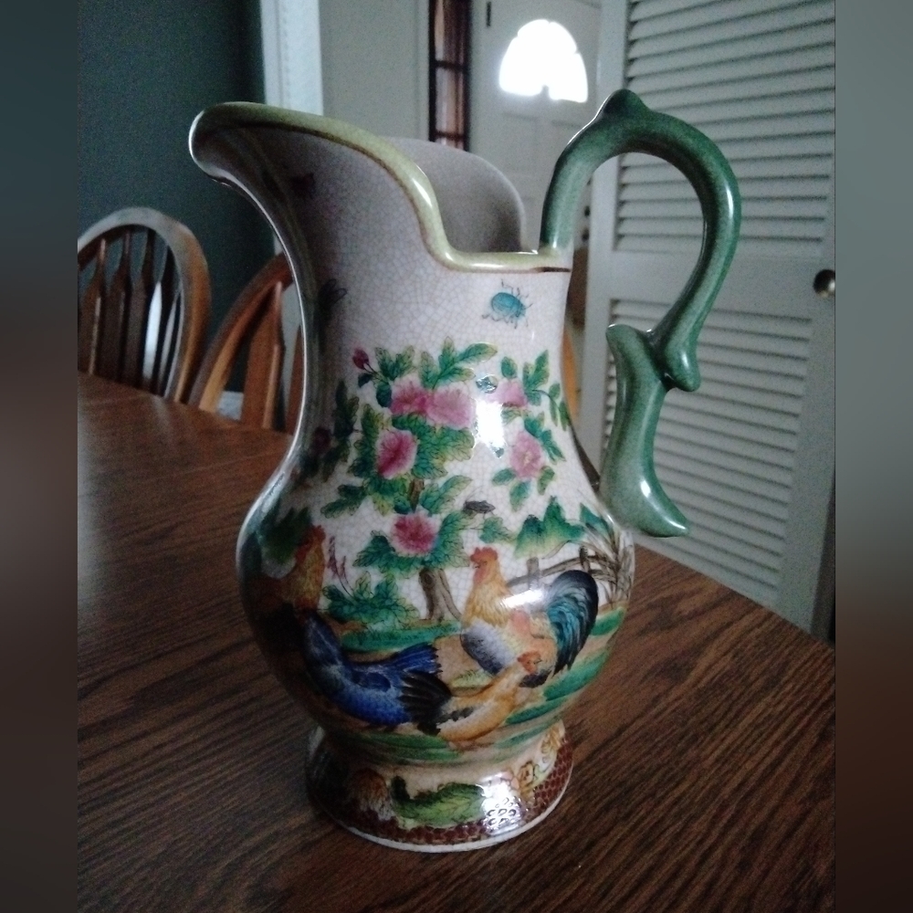 Vintage Chinese Rooster & Hen Pitcher Country Beautiful